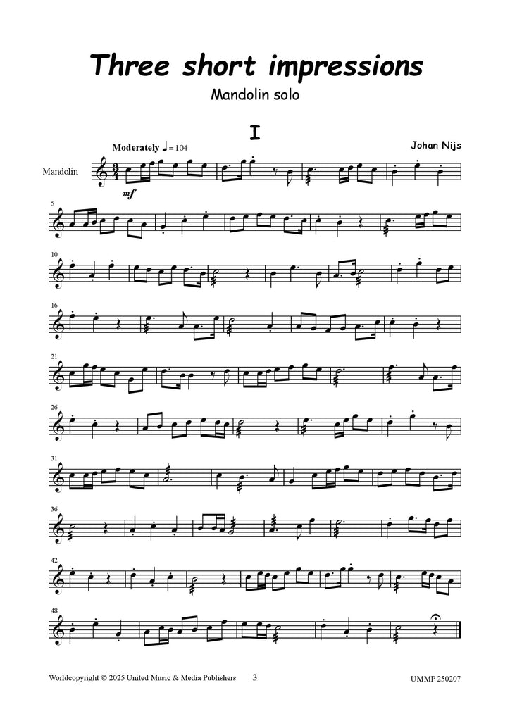 Nijs - Three Short Impressions for Mandolin - M250207UMMP