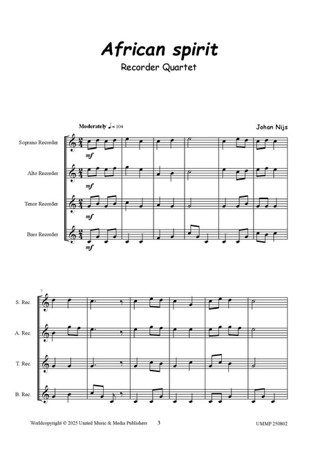 Nijs - African Spirit for Recorder Quartet - RC250802UMMP