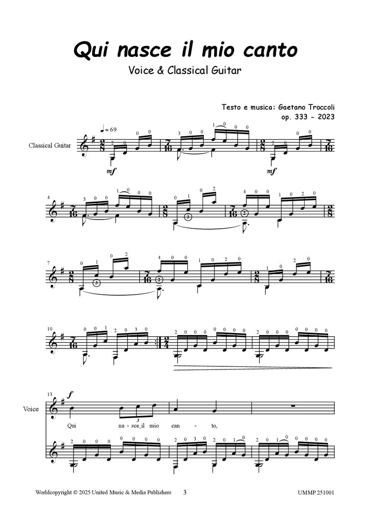 Troccoli - Qui nasce il mio canto for Voice and Guitar - V251001UMMP
