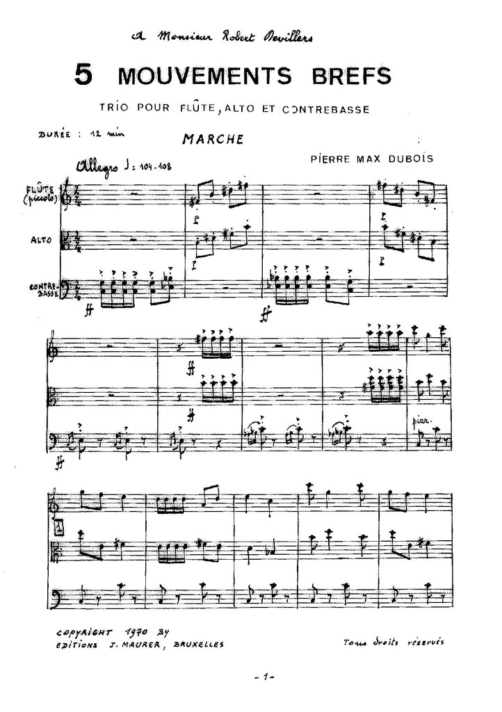 Dubois, Pierre Max - Five Mouvements Brefs for Flute, Viola and Contrabass - CM0783EJM