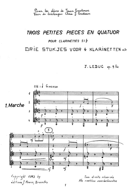Leduc - Trois Petites Pieces en Quatuor for Clarinet Quartet - CQ0556EJM