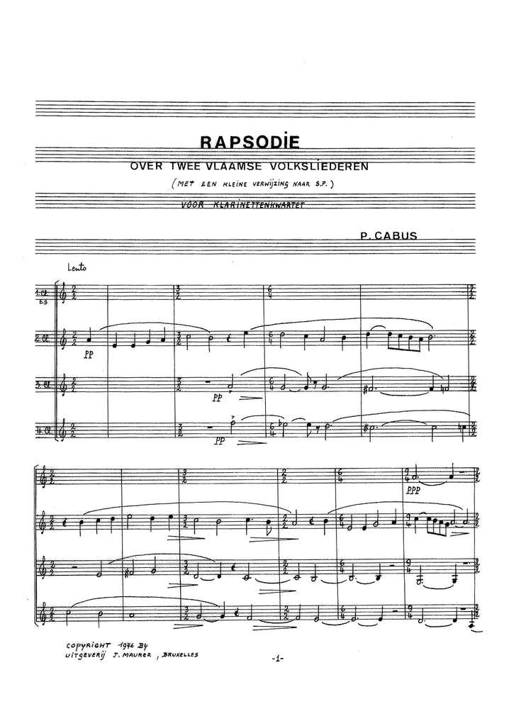 Cabus - Rapsodie on Two Flemish Folk Songs for Clarinet Quartet - CQ0942EJM