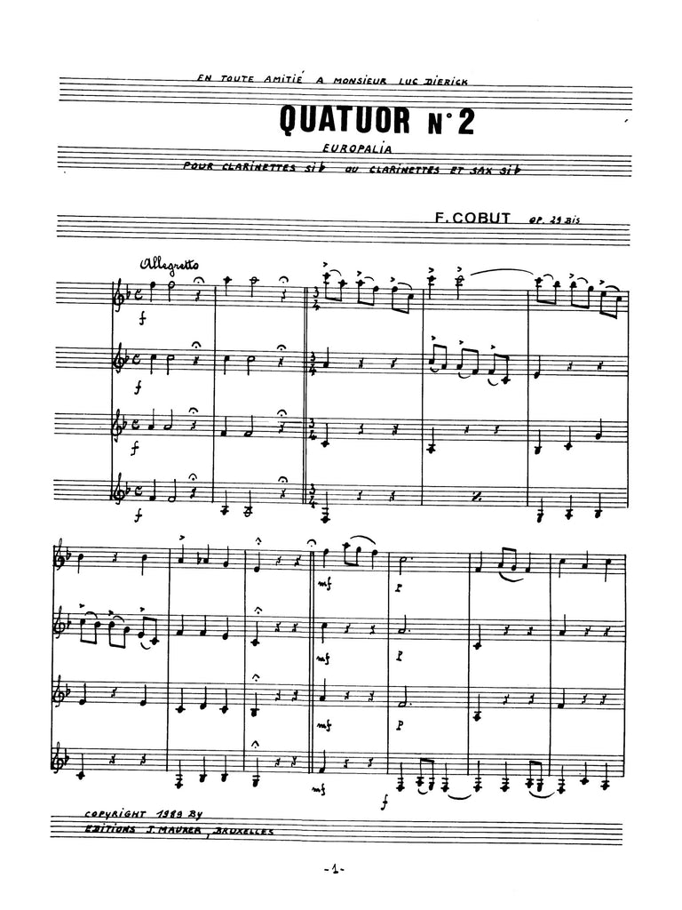 Cobut - Quatuor No. 2 for Clarinet Quartet - CQ1394EJM