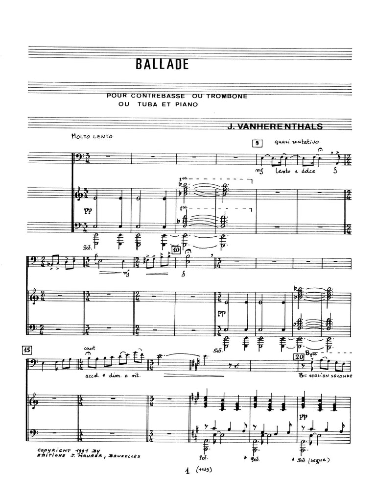 Vanherenthals - Ballade for Contrabass and Piano - DBP1439EJM